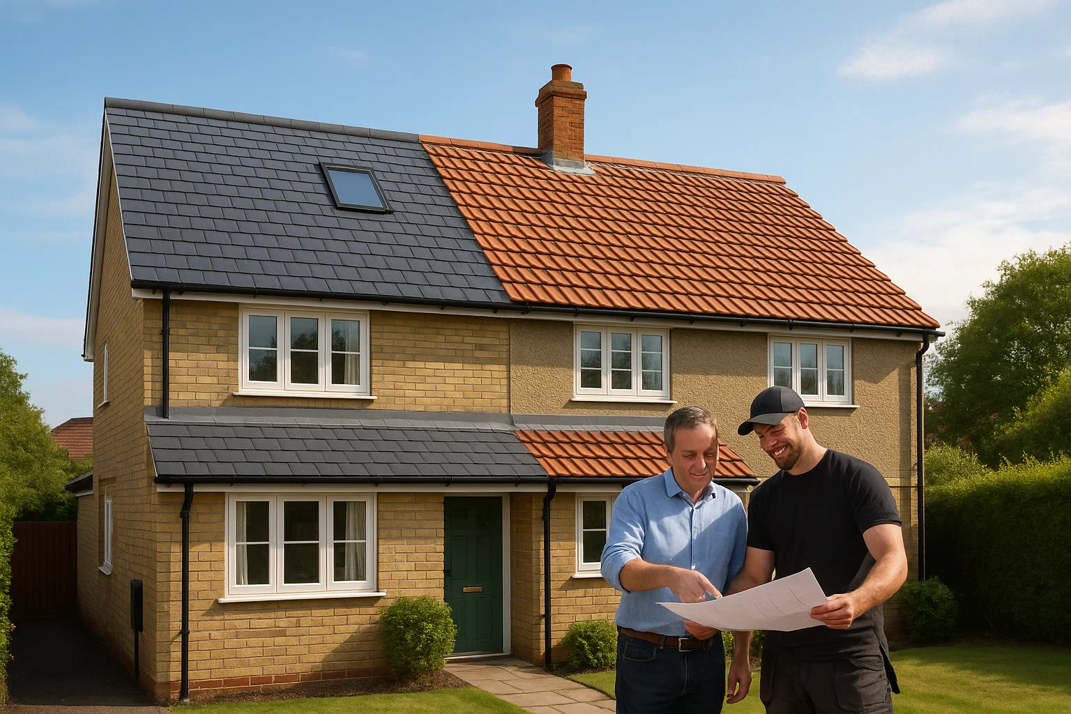 Homeowner discussing new roof options with a roofer outside a UK home featuring a newly finished roof.