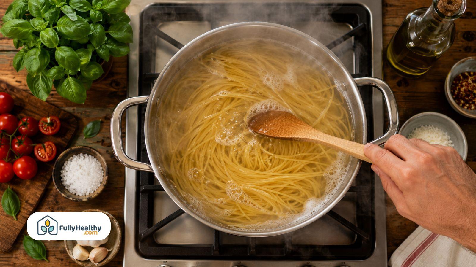 Stirring spaghetti in boiling pasta water with fresh ingredients beside stovetop naturally