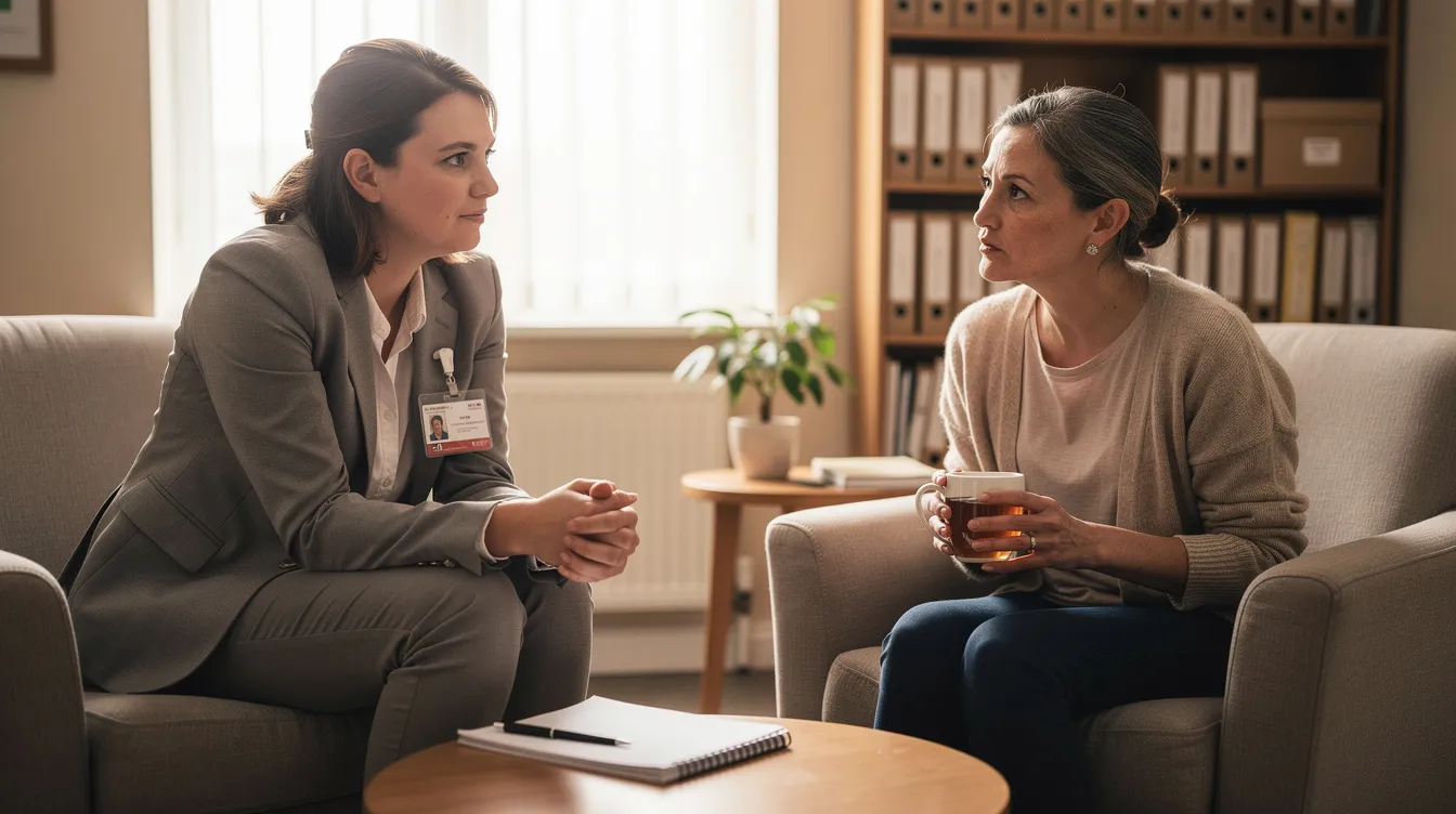 A support worker is engaged in a conversation with a person in a quiet office, discussing options for financial support, including how to claim universal credit and the benefits available for individuals on low income. The setting suggests a focus on providing assistance with universal credit payments and other related benefits.