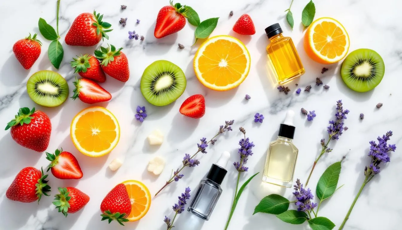 An assortment of key ingredients that hydrate thirsty skin, including fruits and essential oils.