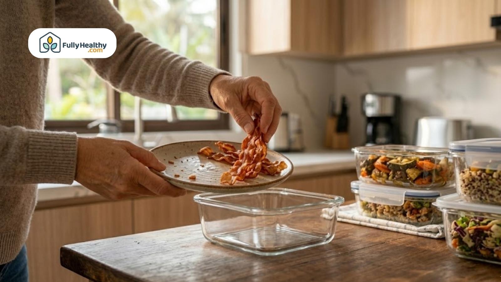 Placing cooked bacon strips into glass storage container