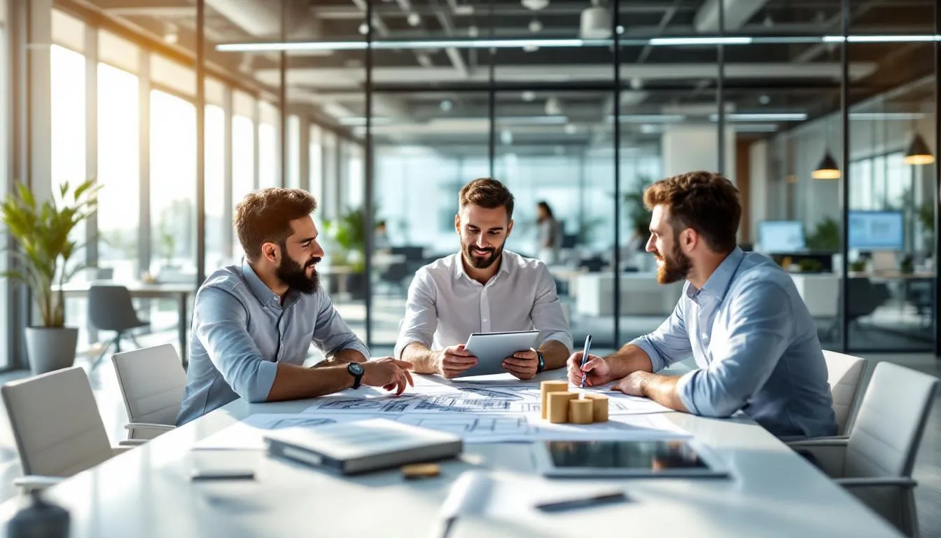 A diverse team of architects collaborates in a modern office setting, engaging in discussions and reviewing plans, showcasing their skills and commitment to service provision within the profession. The environment reflects a commitment to education and innovation, essential for conducting successful projects in accordance with regulatory standards.