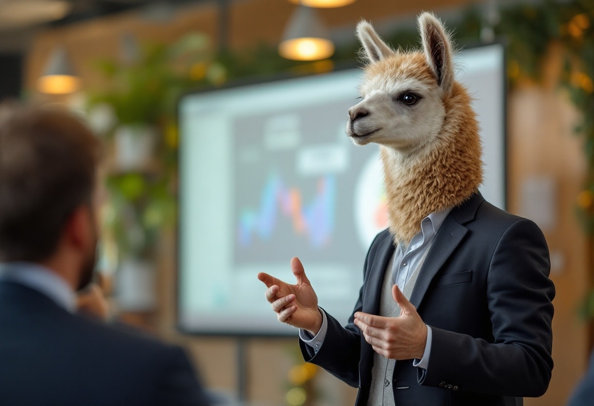 A llama in a business suit giving a presentation.