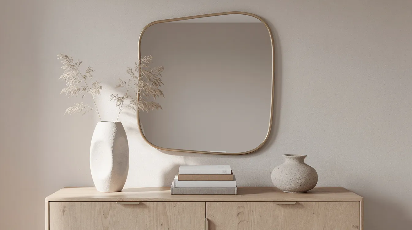 Een dressoir met een organische spiegel staat centraal in de afbeelding, omringd door twee keramieken vazen en een stapel boeken in aardse tinten. De combinatie van strakke en zachte lijnen creëert een moderne organische stijl die een uitnodigende sfeer uitstraalt.