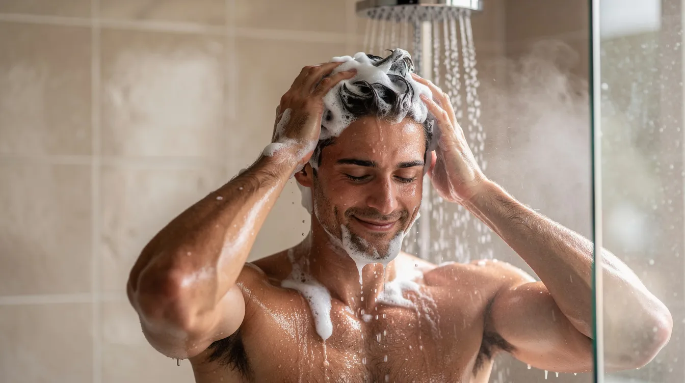 A man is standing in a shower, lathering a gentle shampoo into his hair to promote healthy hair growth. The image highlights the importance of using the right shampoo for men's hair, ensuring a healthy scalp and restoring moisture without stripping natural oils.