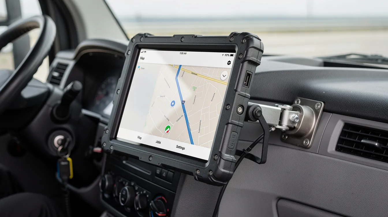 A close-up view of a rugged tablet securely mounted on a truck cab dashboard, showcasing a fleet management system interface designed for fleet managers. The tablet displays real-time data related to vehicle maintenance, fuel consumption, and driver safety, essential for optimizing fleet operations and improving operational efficiency.