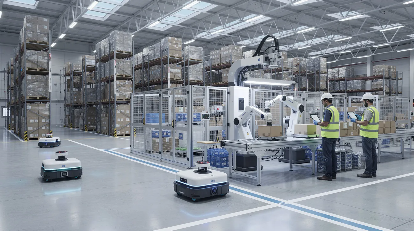 The image depicts a modern automated warehouse where robotic systems and human operators collaborate seamlessly, showcasing the integration of artificial intelligence and machine learning in performing tasks efficiently. The scene highlights advanced AI technology, emphasizing the synergy between human intelligence and AI systems in a dynamic production environment.