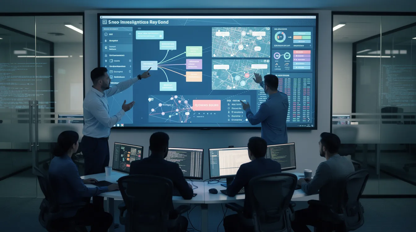 A diverse team of cybersecurity professionals is gathered around a large display, collaborating on investigation workflows and analyzing alert data. They utilize various ai soc tools and specialized agents to enhance their security operations, focusing on efficient alert triage and threat hunting strategies.