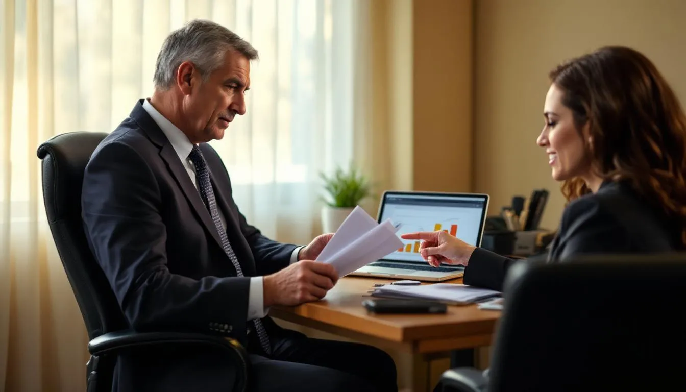 An image depicting a federal employee sitting across from a retirement counselor, engaged in a discussion while reviewing retirement benefit calculations related to the Federal Employees Retirement System (FERS). They are analyzing various factors such as years of service and the high 3 average salary to ensure a successful retirement plan.