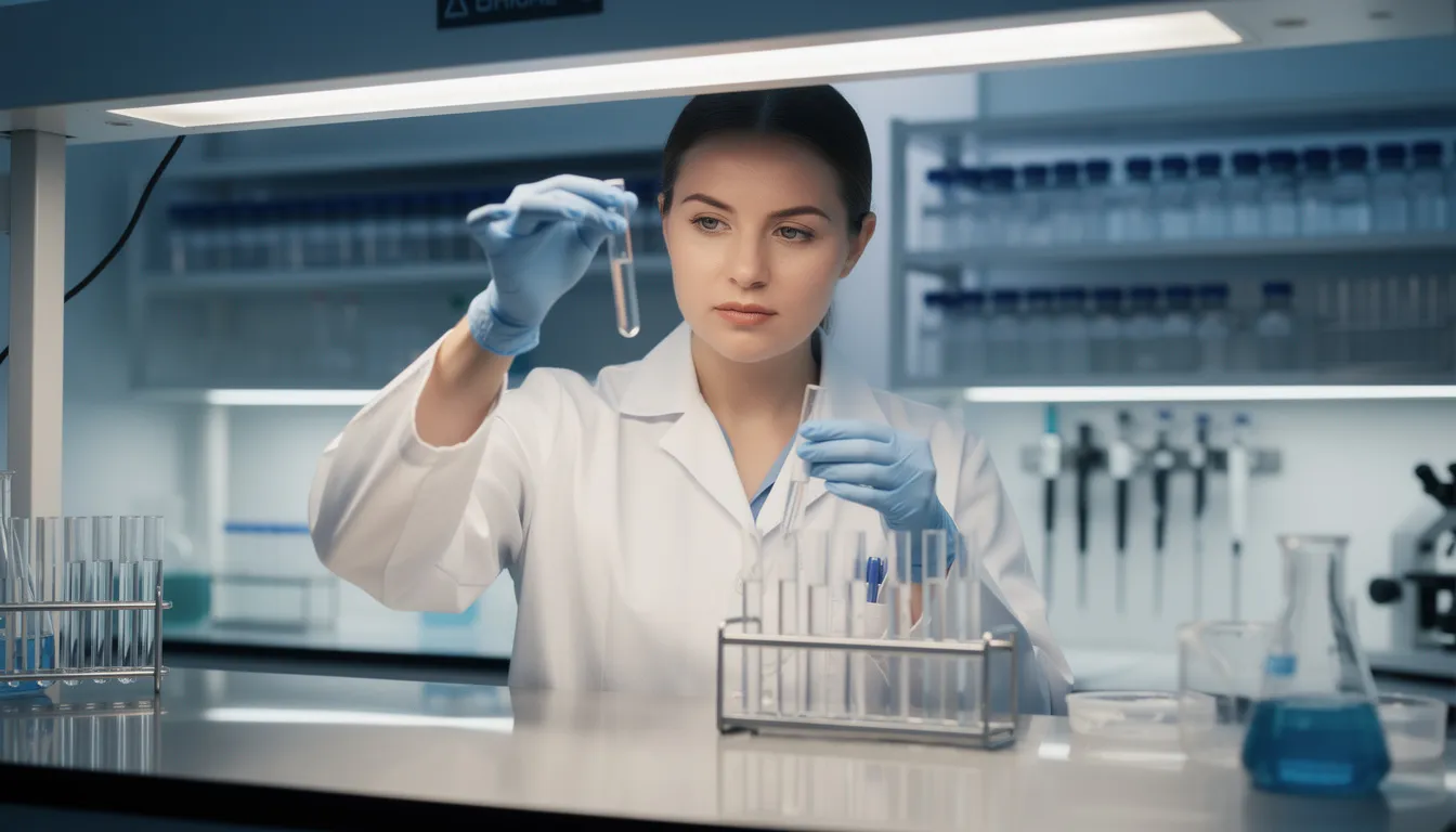 A laboratory technician in a white coat is meticulously examining research vials under controlled lighting, showcasing the process of peptide synthesis in a chemical compounding facility. This environment emphasizes the production of the highest quality peptides, essential for various research applications.