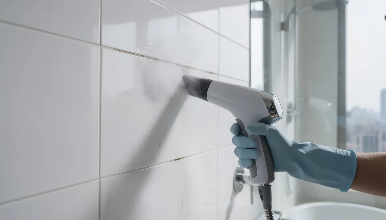 A professional cleaner is using a steam cleaner on bathroom tiles in a Dubai apartment, showcasing advanced techniques for thorough cleaning. The focus on hard-to-reach areas ensures a sparkling clean finish, highlighting the importance of specialized deep cleaning services for maintaining a spotless environment.