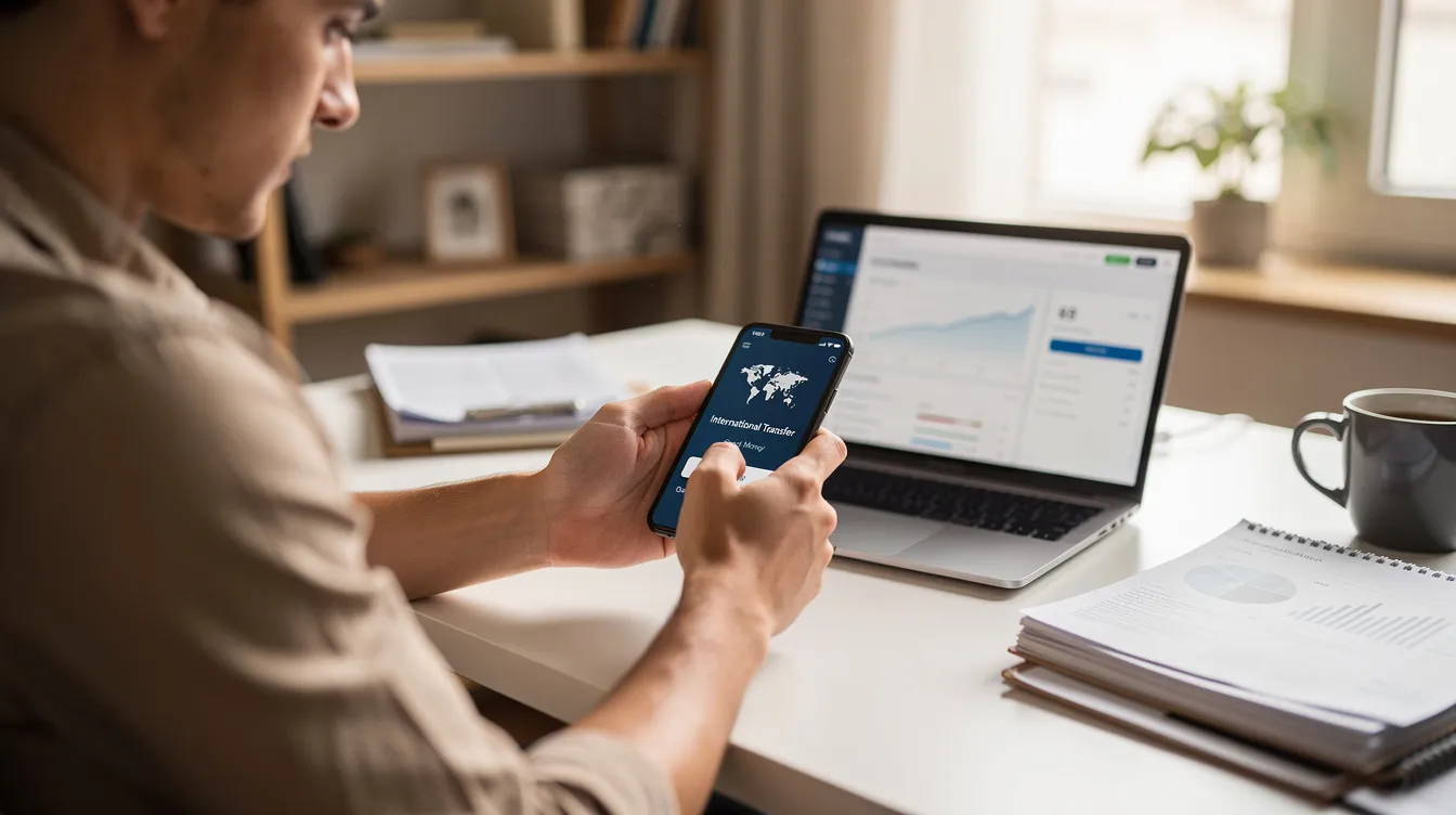 A person is sitting at a desk, using a smartphone to send an international money transfer through a banking app. The scene captures the ease of managing finances digitally, highlighting the convenience of services offered by banks like the Shamrao Vithal Cooperative Bank, especially for users in India.