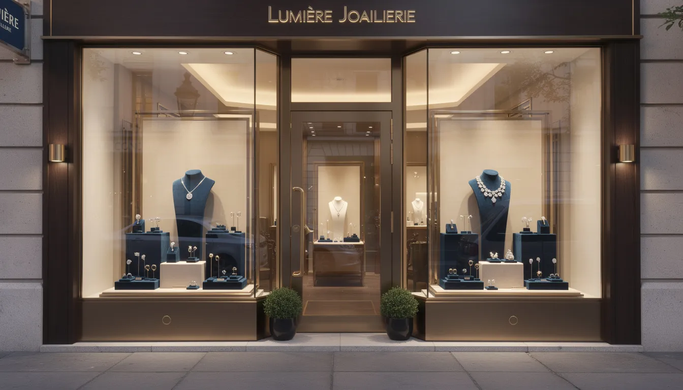 The image showcases an elegant jewelry boutique storefront featuring professional window displays filled with gold and silver jewelry, including bracelets and rings. The inviting atmosphere suggests a place where customers can discover quality merchandise at affordable prices, making it an ideal destination for gifts and personal purchases.