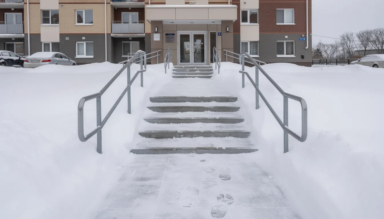 The image shows snow-covered entrance steps of an apartment building, with a cleared walkway and handrails, indicating seasonal maintenance tasks are being performed to ensure safety and accessibility during winter weather. This attention to detail helps prevent issues like frozen pipes and promotes proper function for condo owners in colder temperatures.