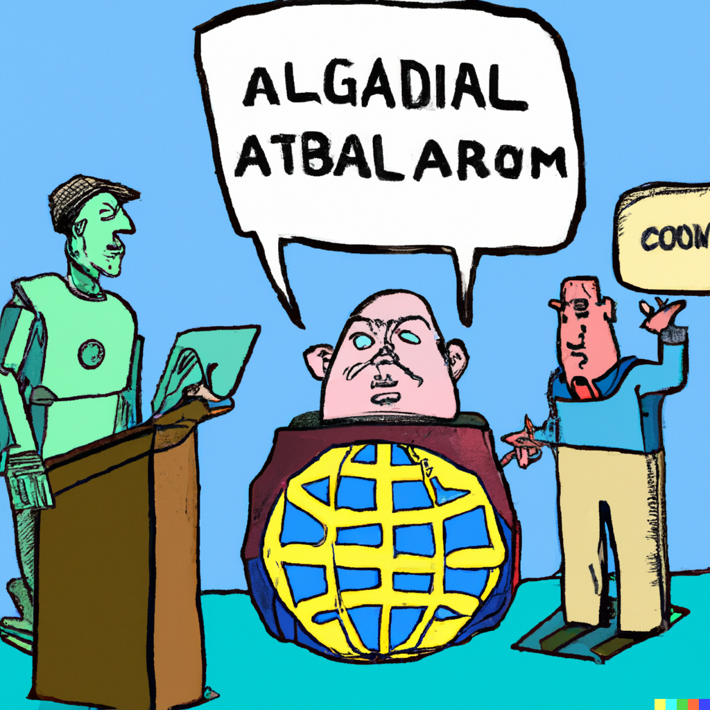 A poltical cartoon of AI and people interacting on the global stage generated by DALL-E