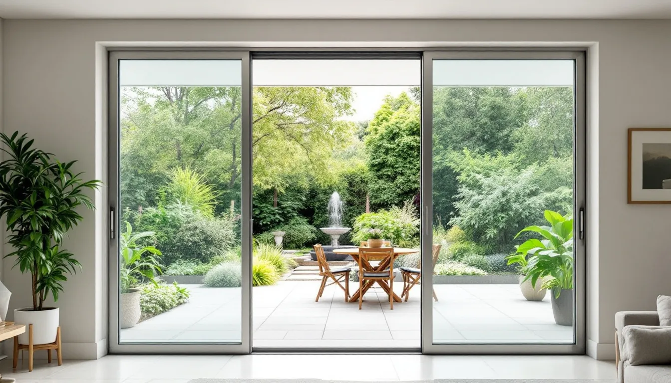 Das Bild zeigt elegante Kunststoff-Terrassentüren, die das Wohnzimmer mit einer schönen Terrasse verbinden und einen Blick auf den Garten bieten. Durch die große Glasfläche strömt Tageslicht in den Innenraum und schafft eine einladende Atmosphäre.