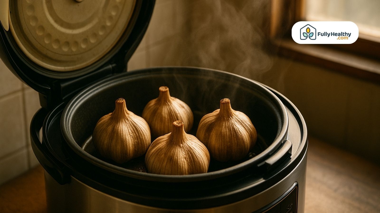 Steaming whole garlic bulbs aging in a rice cooker at home