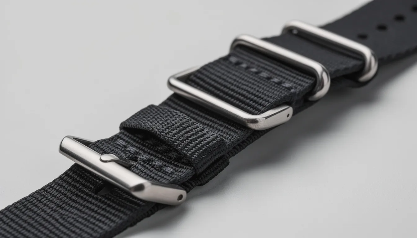 This close-up image showcases a classic NATO strap with its distinctive one-piece pass-through construction, featuring durable stainless steel hardware. The strap is designed in a military style, highlighting a combination of green and grey tones, perfect for enhancing any military watch.