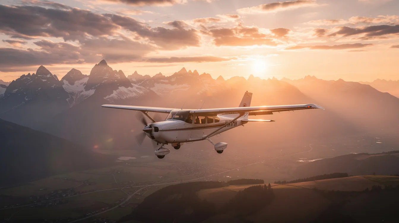 A small aircraft is soaring gracefully over a stunning sunset landscape, with majestic mountains silhouetted in the background. This scene captures the essence of flight, evoking the spirit of aspiring pilots and the beauty of aviation.