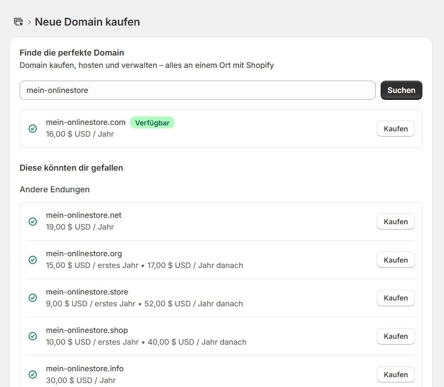 Shopify-Oberfläche zum Kauf einer Domain mit Suchfeld und verfügbaren Domain-Endungen.