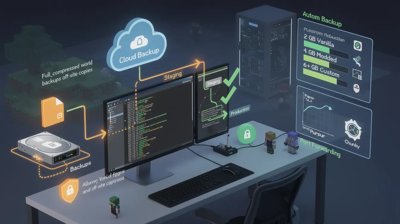 An informative graphic illustrates a structured plan for safely updating a Minecraft server, emphasizing the importance of automated backups and testing in a staging environment. Key steps include validating plugins, checking RAM allocation, and ensuring proper configuration to avoid performance issues during updates.