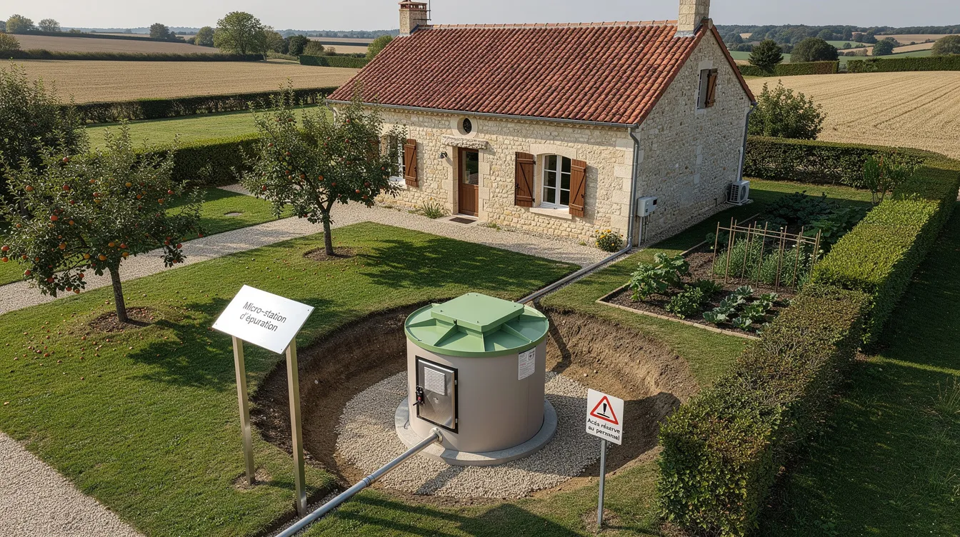Une vue aérienne montre une micro station d'épuration installée dans le jardin d'une maison de campagne française, entourée de verdure. Cette installation est conçue pour le traitement des eaux usées, adaptée à la capacité nécessaire pour un gîte ou une maison familiale.