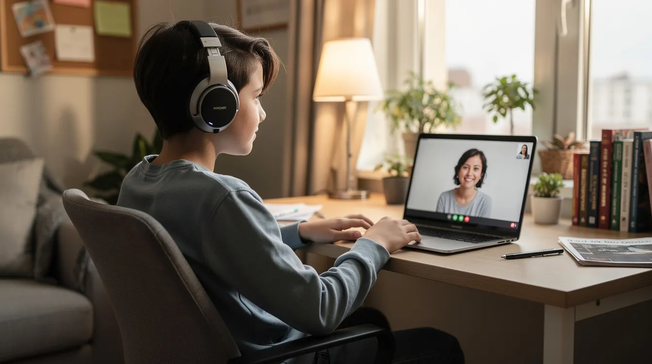 A teenager is sitting comfortably in a well-lit home office, wearing headphones and focused on a laptop screen during a virtual therapy session. This image highlights the accessibility of mental health services through online therapy platforms, which can be covered by many major insurance plans.