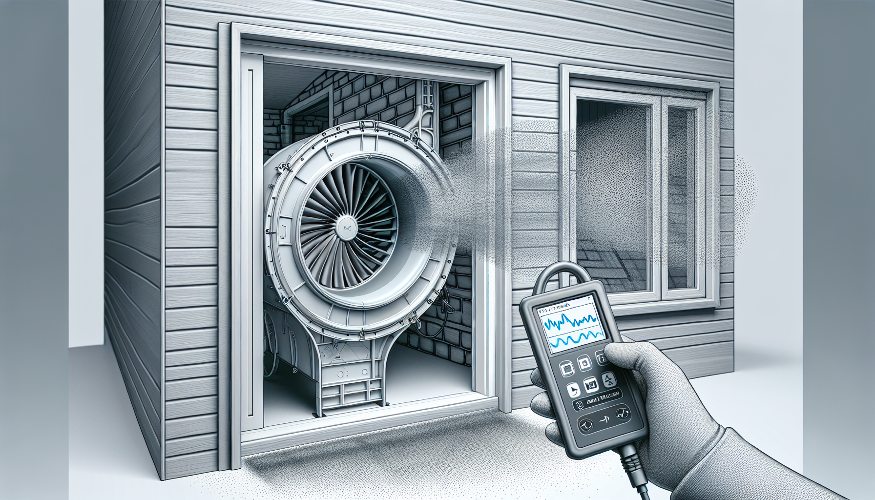 Illustration of equipment setup for a blower door test