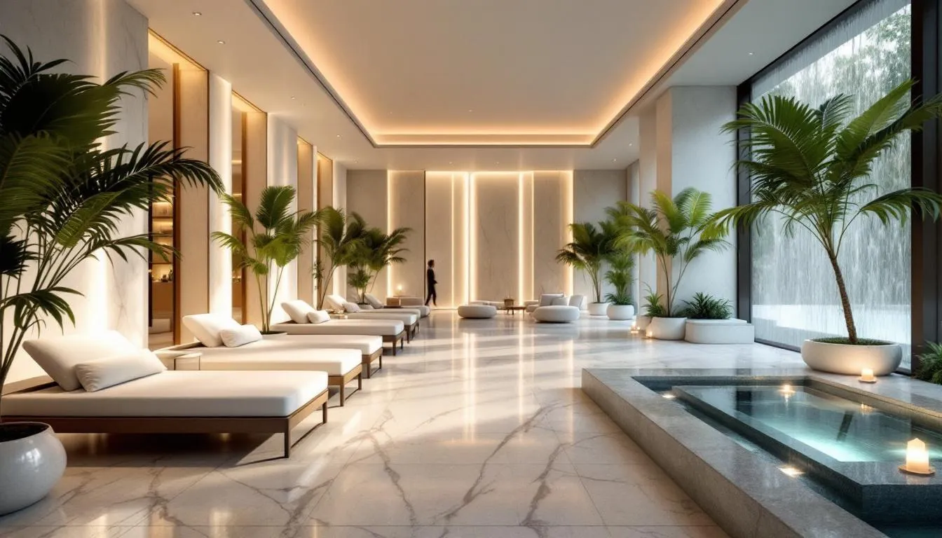 Un interior elegante de spa, con una iluminación suave y decoraciones que invitan a la relajación, ideal para mostrar en redes sociales y atraer a clientes que buscan experiencias de bienestar. Este espacio refleja un ambiente tranquilo, perfecto para quienes desean reservar servicios de spa a través de plataformas de redes sociales.