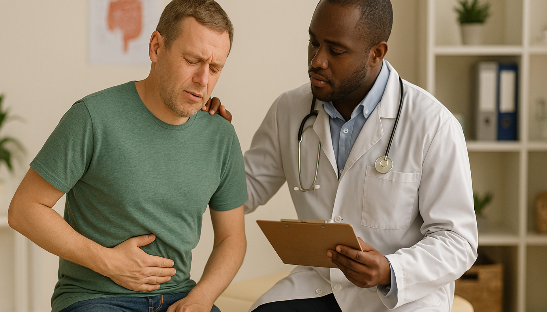 Mann som sitter på en legebenk med smerte i venstre side av magen, mens en lege trøster ham og holder en mappe i en rolig medisinsk klinikk.