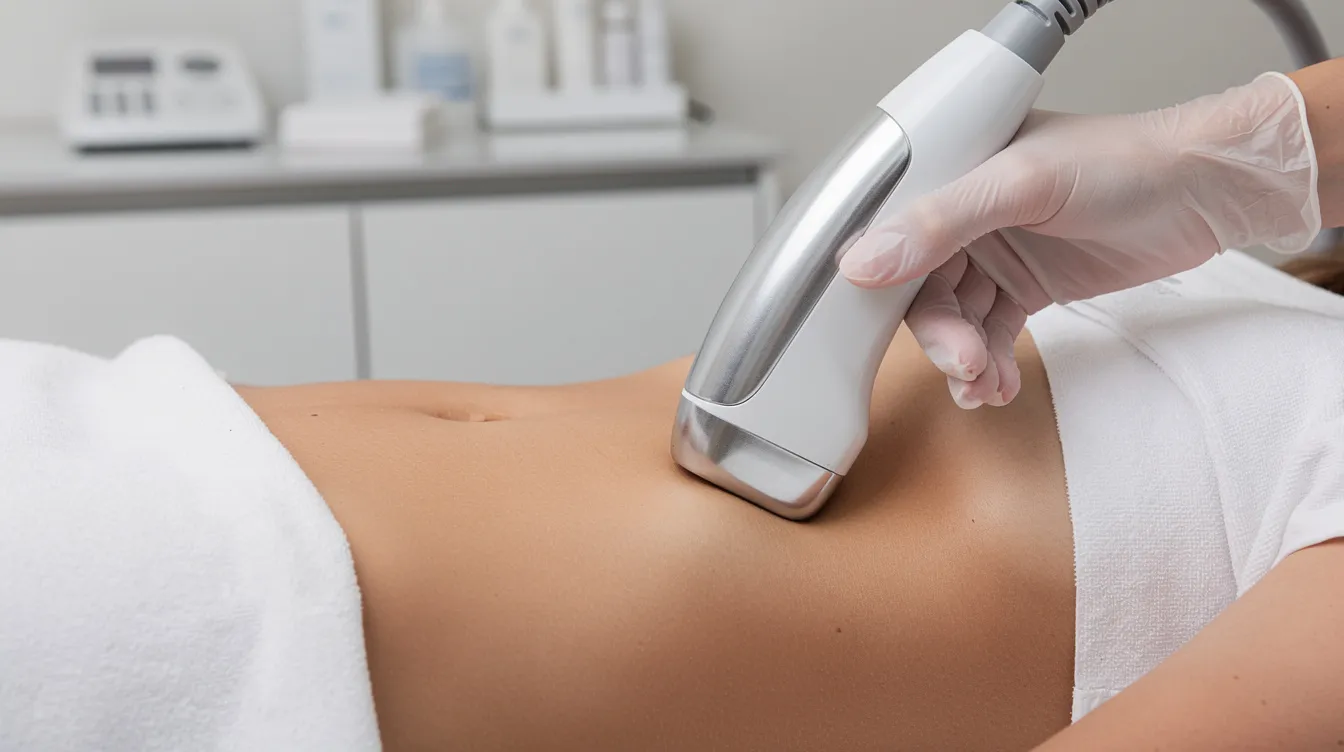 A close-up image shows a body contouring handpiece being applied to a client's flanks in a clean and modern treatment room, highlighting the use of cutting-edge technology for fat reduction and skin tightening. The setting reflects a professional environment where body contouring specialists provide non-invasive treatments aimed at eliminating stubborn fat and achieving optimal results.