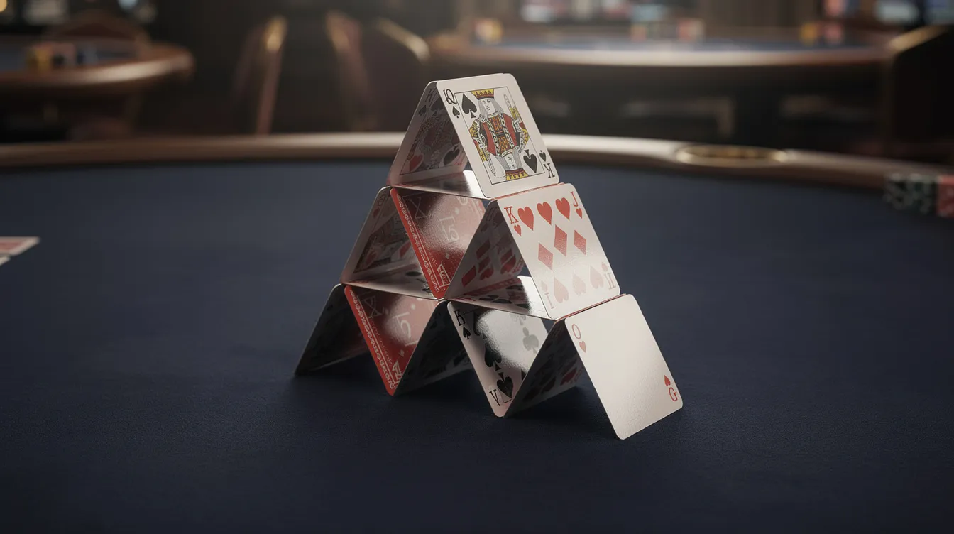 The image features a creative arrangement of poker cards stacked to resemble a house, showcasing various suits and values, perfect for illustrating the concept of poker gameplay. This visual representation enhances the article's discussion on strategies like big O poker and the dynamics of multi-way pots in games such as pot limit Omaha.