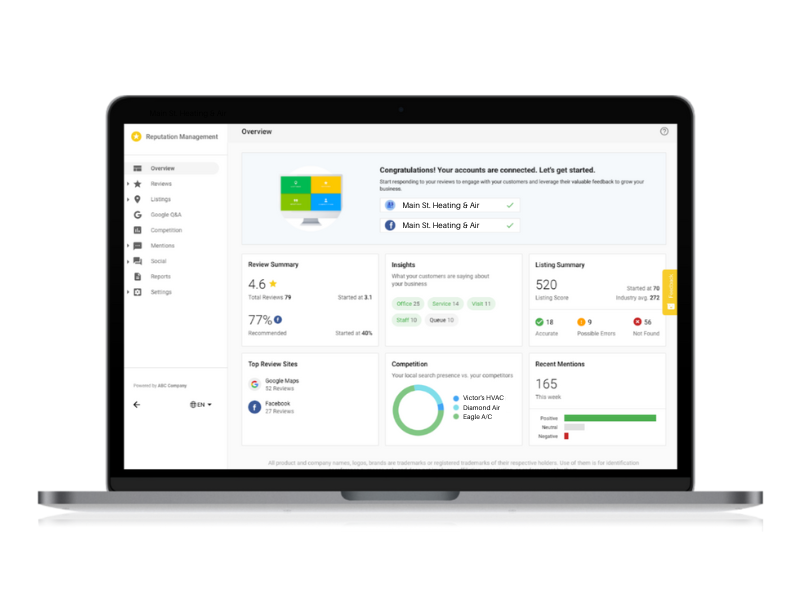 Image of Patriot Field Business Solutions Reputaion Application dashboard on a laptop