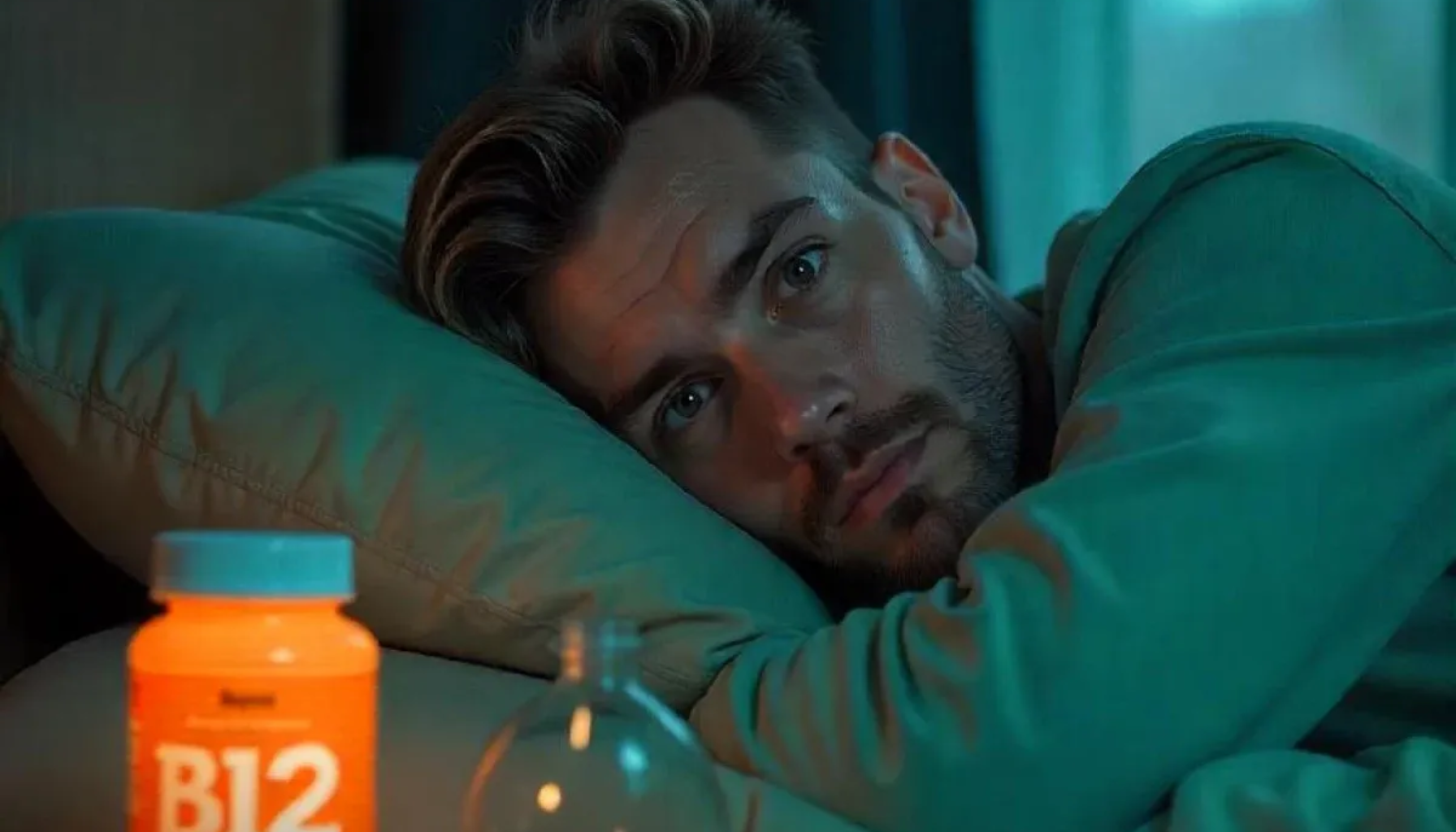 B12-mangel – Symptomer du ikke bør ignorere 7 En mann ligger våken i sengen og stirrer tomt foran seg, med en B12-flaske synlig i forgrunnen på nattbordet.