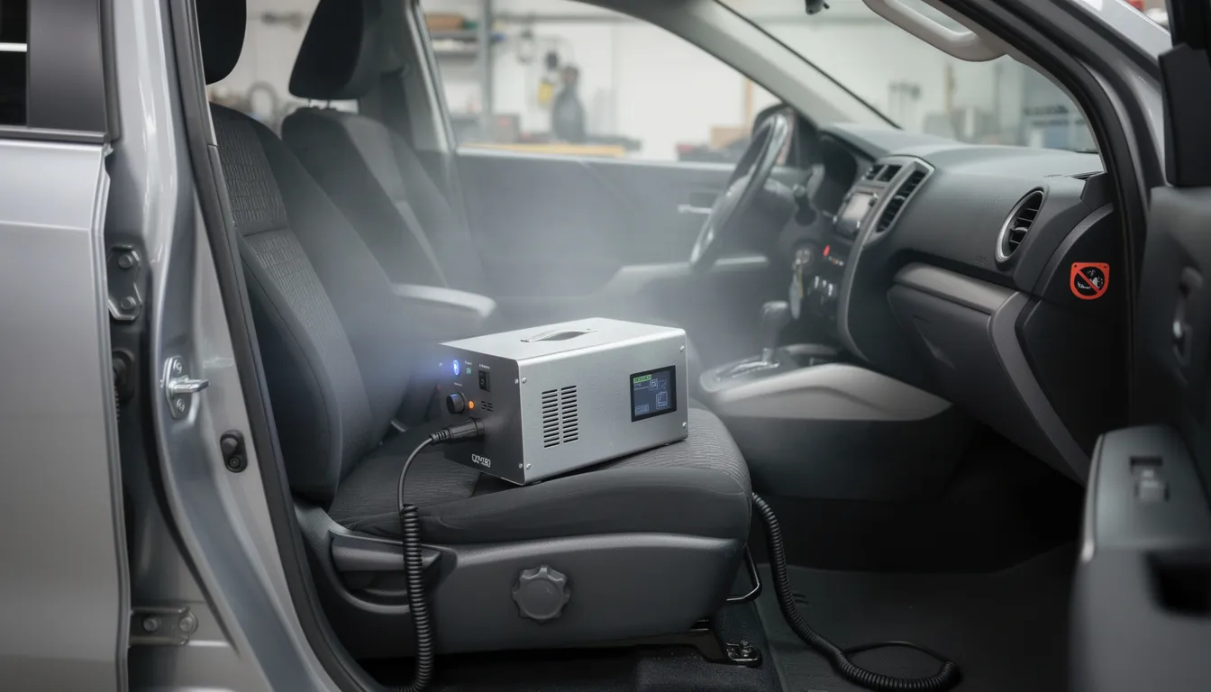 An ozone generator is positioned inside the vehicle cabin, actively working to eliminate unpleasant odors such as cigarette smoke and other lingering smells. This specialized equipment is part of the odor removal process, aimed at thoroughly cleaning the car's interior and restoring a fresh atmosphere.