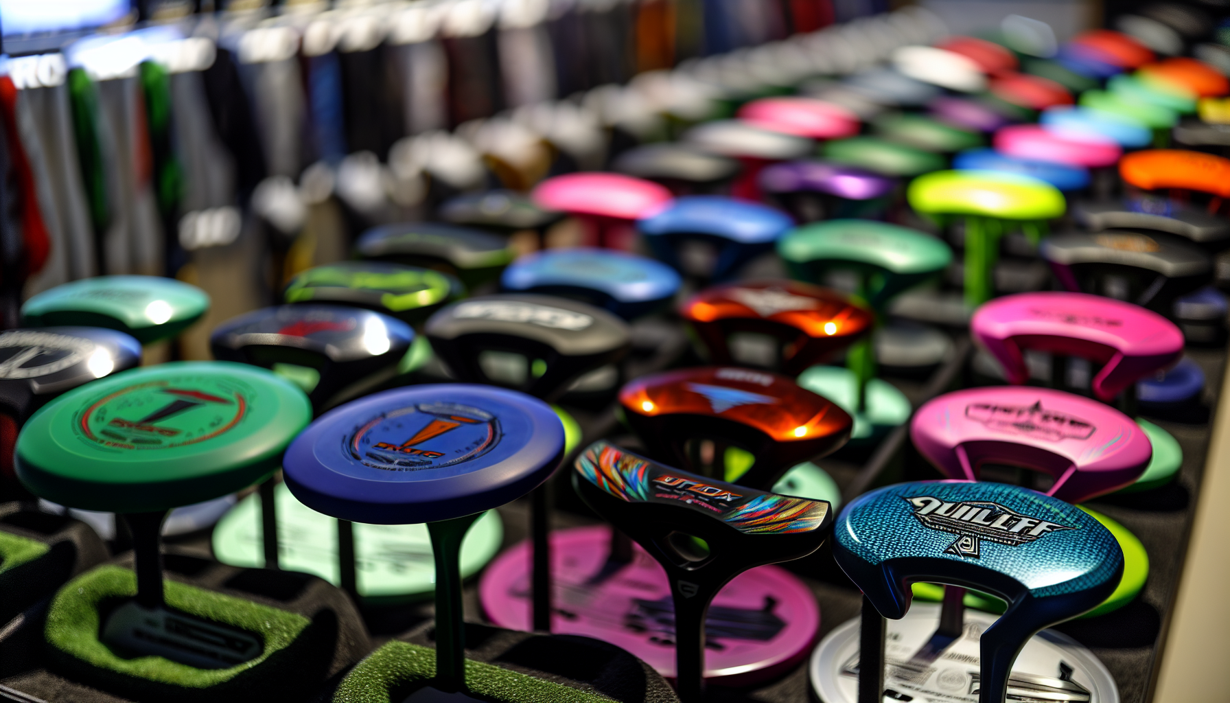 Various disc golf putters lined up on a display