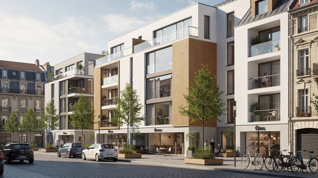 The image depicts modern residential buildings in a vibrant European city, showcasing sleek architecture and a blend of urban life. The scene reflects the evolving landscape of living spaces, which may be influenced by current Spanish immigration regulations and the need for housing for foreign nationals seeking residence permits in Spain.