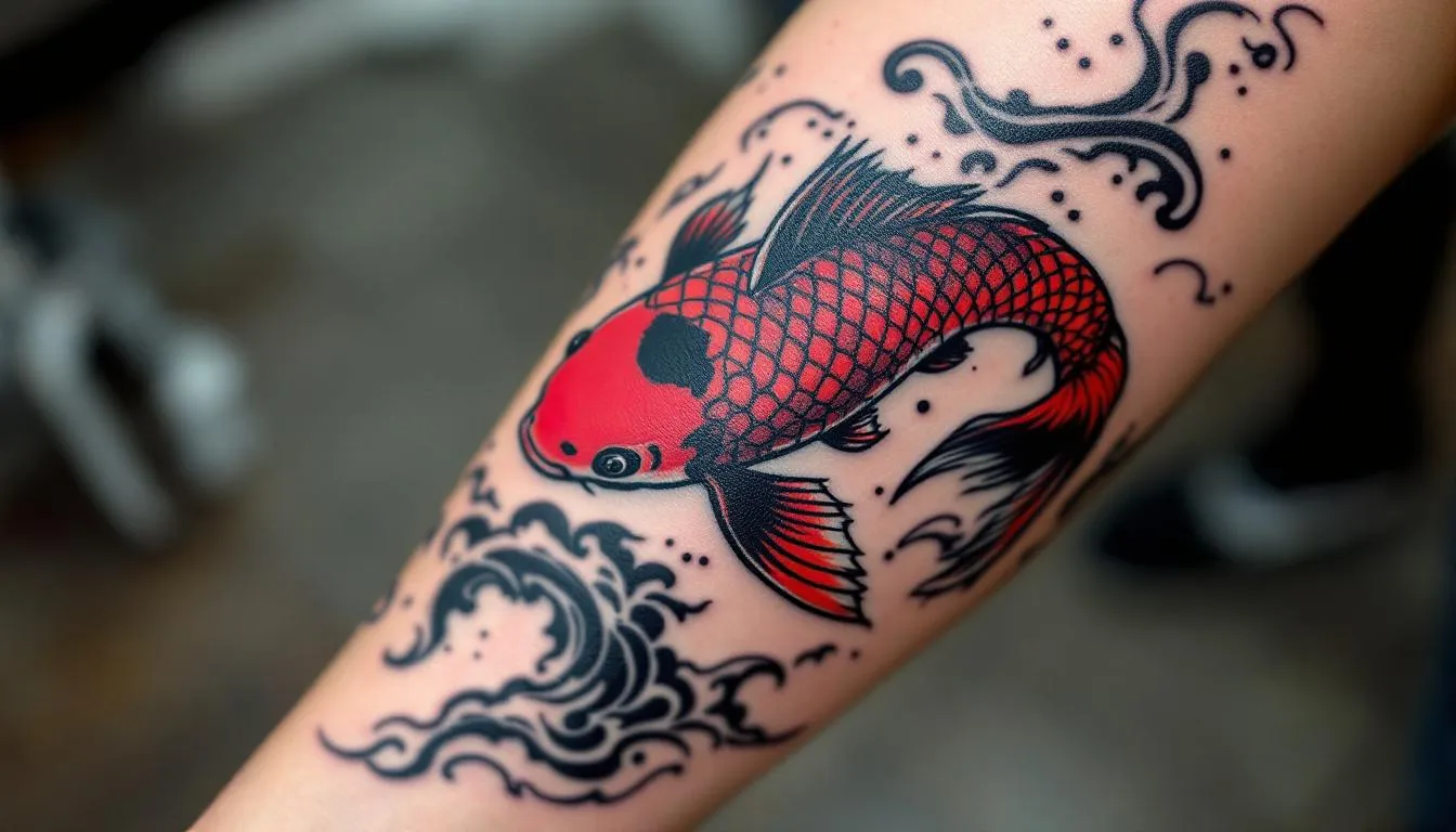 A vibrant koi fish tattoo design features a beautifully detailed blue koi swimming gracefully, surrounded by intricate waves and lotus flowers, symbolizing perseverance and personal growth in Japanese culture. The tattoo captures the essence of koi fish symbolism, representing good fortune and the journey of swimming upstream.