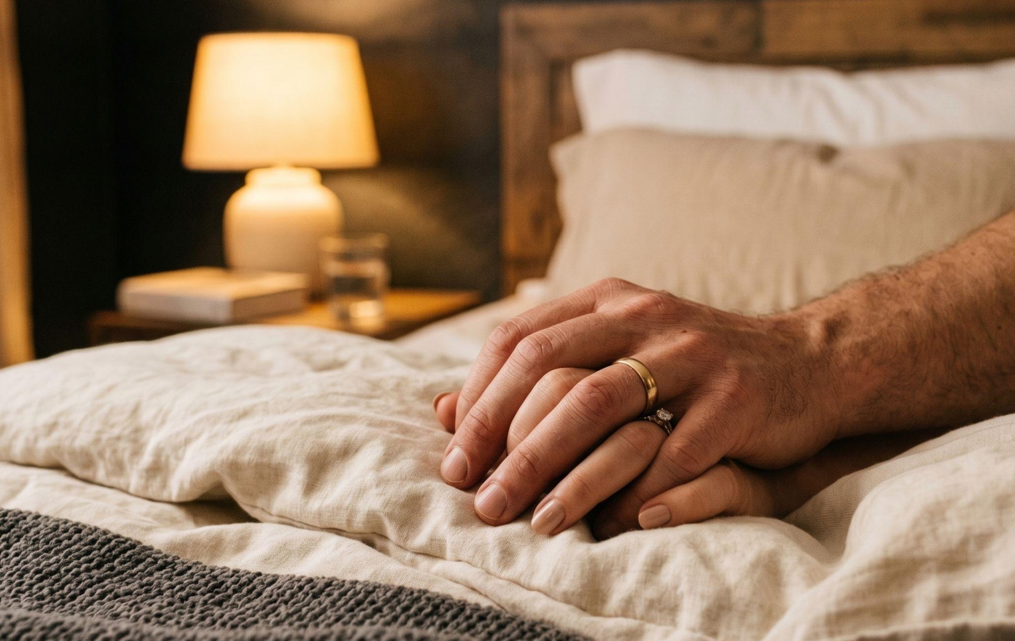 The image depicts two pairs of hands gently touching each other, coated in massage oil, illuminated by warm, soft lighting, creating an intimate atmosphere that enhances the sense of sexual intimacy and connection between partners. This moment captures the essence of exploring each other's bodies and deepening the pleasure in their relationship.