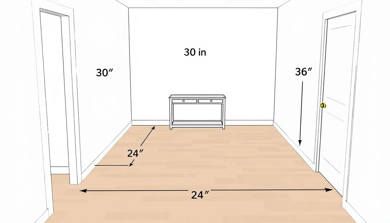 The image displays a hallway with marked measurements indicating the proper clearance for placing a console table. It highlights the ideal space for a stylish hallway console table, ensuring functionality and easy access for items like keys and mail.