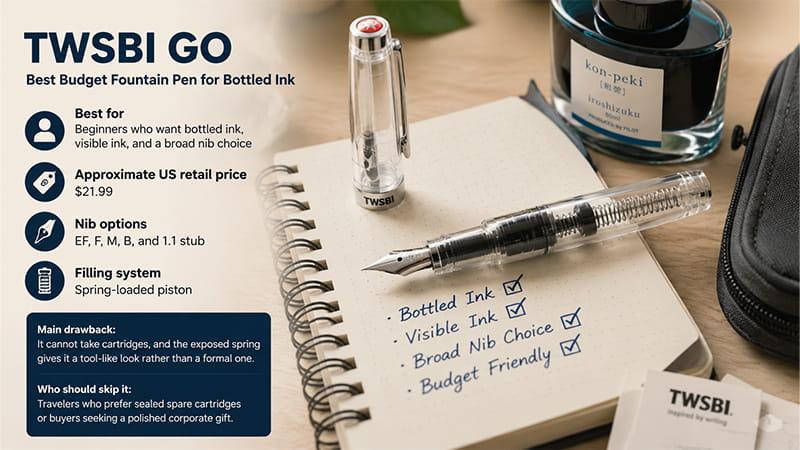 TWSBI GO budget fountain pen with bottled ink filling system, transparent body, and beginner-friendly writing features