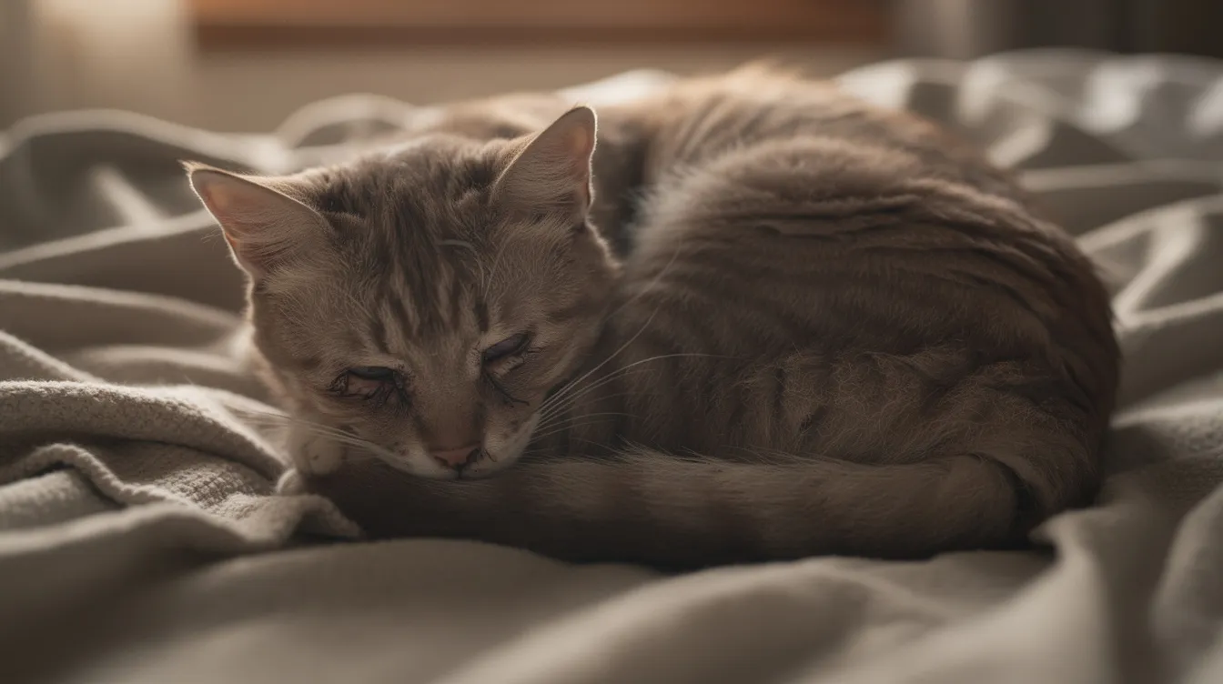 A quiet cat is curled up on a blanket, appearing tired and unwell, which may indicate potential health issues such as kidney disease or diabetes. This scene serves as a reminder for pet owners to monitor their cat's overall health and seek advice from a veterinarian if they notice any concerning symptoms.