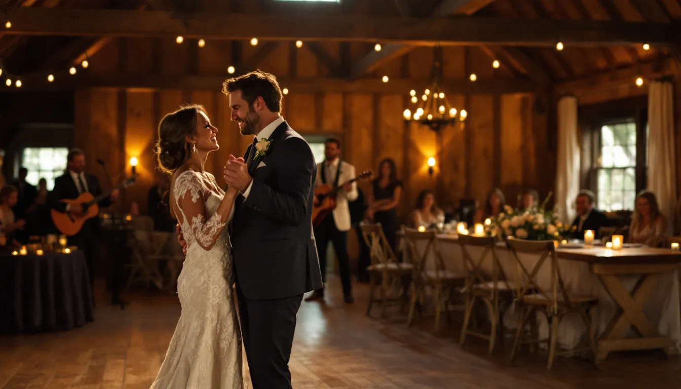 A country-themed wedding with a couple dancing to heartfelt country love songs.
