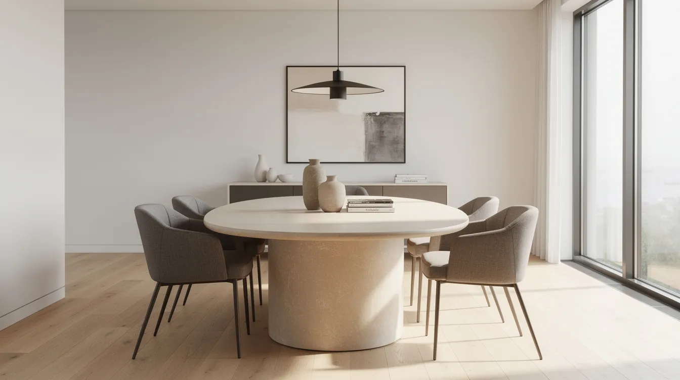 Een moderne eetkamer met een ovale keramische tafel en stoelen met stoffen bekleding, waarbij het keramisch tafelblad een luxe uitstraling heeft en bestand is tegen hoge temperaturen en vlekken. De combinatie van natuurlijke materialen en het onderhoudsvriendelijke keramiek zorgt voor een stijlvolle en duurzame eetruimte.