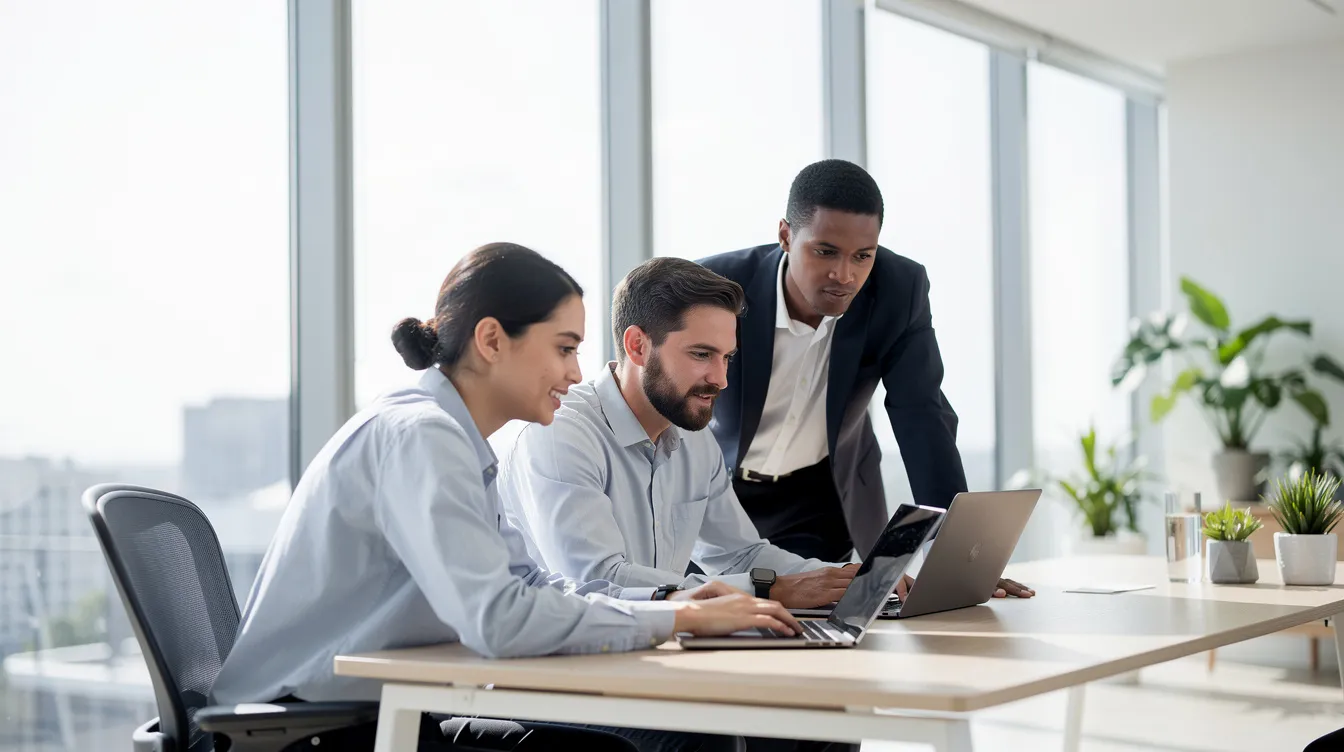Une équipe de trois personnes collabore sur des ordinateurs portables dans un bureau moderne et lumineux, symbolisant la gestion efficace d'une agence de location de voitures. L'environnement dynamique reflète une activité axée sur les solutions numériques et le service client, avec un tableau de bord visible en arrière-plan.