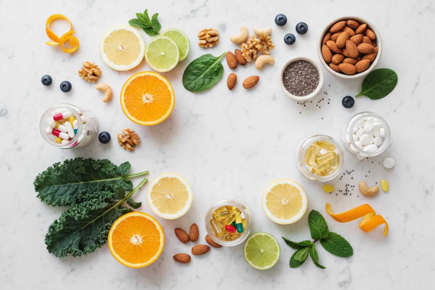 Wellness-inspired flat-lay showing supplement capsules, fresh citrus fruits, nuts, and leafy greens.