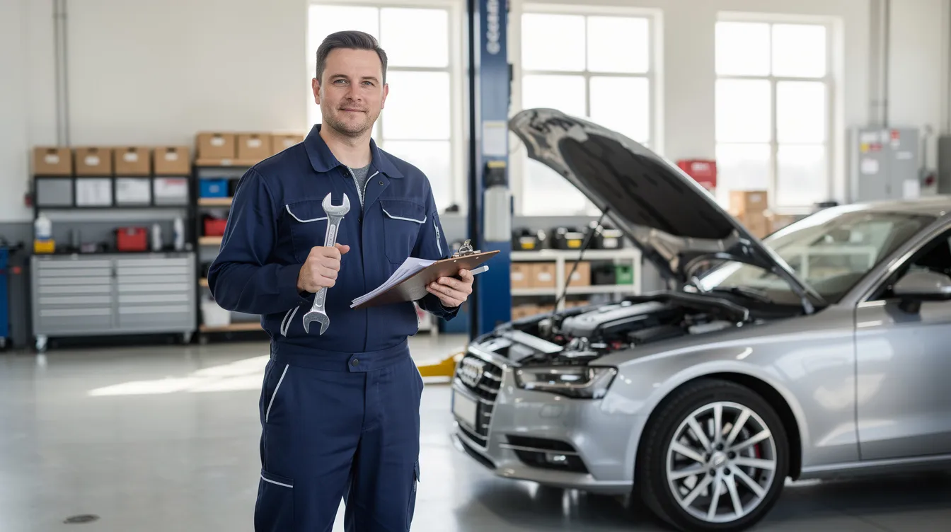 A mechanic in clean coveralls is holding a wrench and a clipboard, standing next to a car with the hood open in a bright workshop filled with tools and equipment. The scene conveys a sense of professionalism and organization, much like optimizing a WordPress site for better performance and speed.