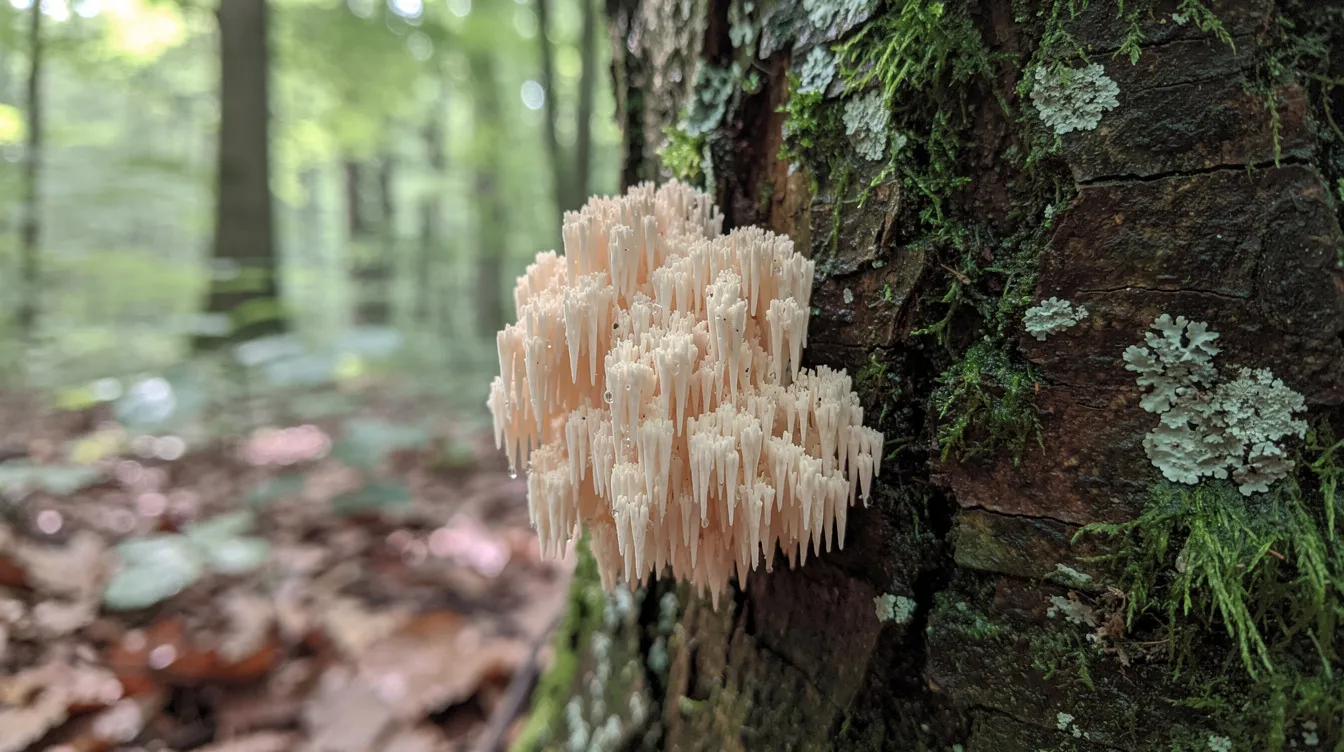 The image shows a lion's mane mushroom growing on a tree trunk in a lush forest, showcasing its unique white, cascading spines. This functional mushroom is known for its potential health benefits, including cognitive function support, making it a popular choice for those interested in mushroom supplements.