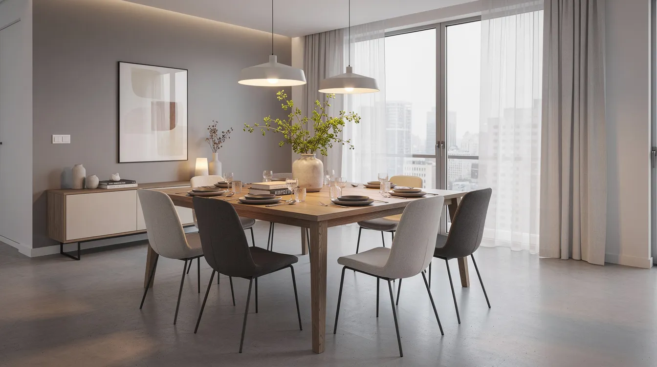 The image features a stylish dining room with a sturdy oak dining table designed to seat six people, surrounded by upholstered chairs and illuminated by modern pendant lighting, creating a warm and inviting atmosphere perfect for special occasions. The contemporary furniture arrangement enhances the overall aesthetic of the space in a modern apartment.