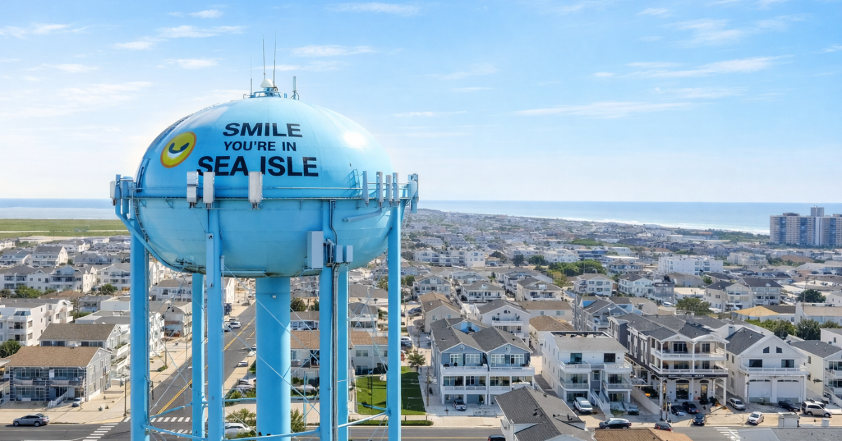 Aerial view of the iconic “Smile You’re in Sea Isle” water tower overlooking Sea Isle City NJ and the surrounding coastal neighborhood.